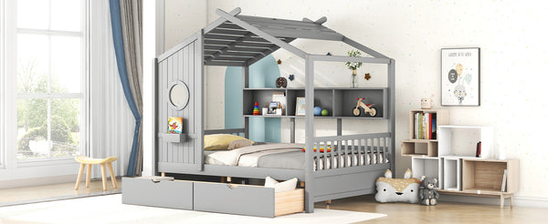 English Elm Wooden Full Size House Bed with Roof and Built-In Shelf, 2 Underbed Drawers, Sturdy Pine Frame 78" L Gray 57 L x 18.2 W x 6 H N733S308487E