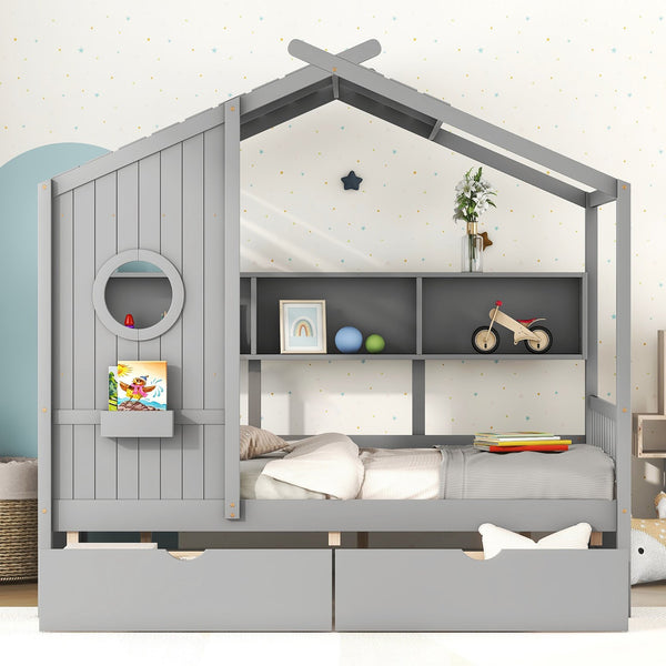 English Elm Wooden Full Size House Bed with Roof and Built-In Shelf, 2 Underbed Drawers, Sturdy Pine Frame 78" L Gray 57 L x 18.2 W x 6 H N733S308487E