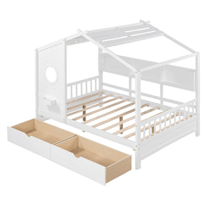 English Elm Wooden Full Size House Bed with Roof and Built-In Shelf, 2 Underbed Drawers, Sturdy Pine Frame 78" L White 57 L x 18.2 W x 6 H N733S308487K