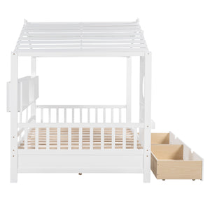 English Elm Wooden Full Size House Bed with Roof and Built-In Shelf, 2 Underbed Drawers, Sturdy Pine Frame 78" L White 57 L x 18.2 W x 6 H N733S308487K