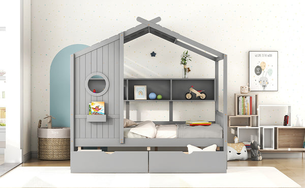 English Elm Wooden Full Size House Bed with Roof and Built-In Shelf, 2 Underbed Drawers, Sturdy Pine Frame 78" L Gray 57 L x 18.2 W x 6 H N733S308487E