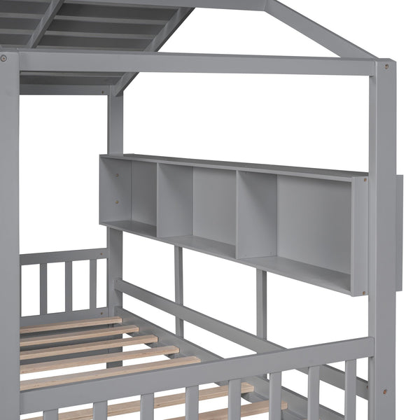 English Elm Wooden Twin House Bed with Roof and Built-In Shelf Plus Two Underbed Drawers for Kids Playful Retreat Gray 41.65 L x 18.25 W x 6 H N733S308483E