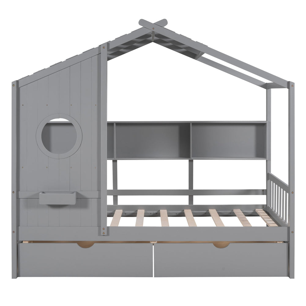 English Elm Wooden Twin House Bed with Roof, 2 Drawers & Back Shelf — Gray Kids Play Bed with Storage HL000051AAE