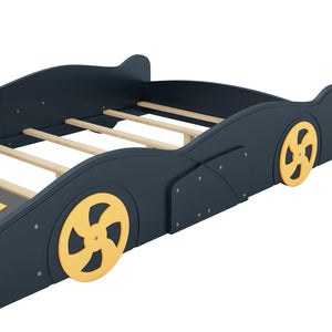 English Elm Full Full Size Race Car-Shaped Platform Bed with Wheels, Built-In Storage, Safety Rails, 400lb Capacity Dark Blue WF305760AAC
