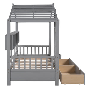 English Elm Wooden Twin House Bed with Roof and Built-In Shelf Plus Two Underbed Drawers for Kids Playful Retreat Gray 41.65 L x 18.25 W x 6 H N733S308483E