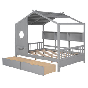 English Elm Wooden Full Size House Bed with Roof and Built-In Shelf, 2 Underbed Drawers, Sturdy Pine Frame 78" L Gray 57 L x 18.2 W x 6 H N733S308487E