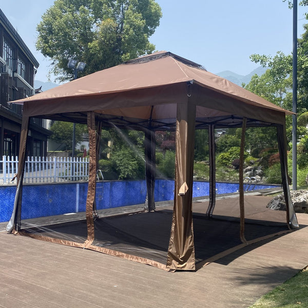 English Elm Outdoor 11x11 Ft Gazebo Canopy with Double-Tier Ventilated Roof, Removable Mesh, Sandbags Brown W419104362