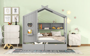 English Elm Wooden Twin House Bed with Roof, 2 Drawers & Back Shelf — Gray Kids Play Bed with Storage HL000051AAE