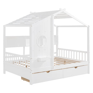English Elm Wooden Full Size House Bed with Roof and Built-In Shelf, 2 Underbed Drawers, Sturdy Pine Frame 78" L White 57 L x 18.2 W x 6 H N733S308487K