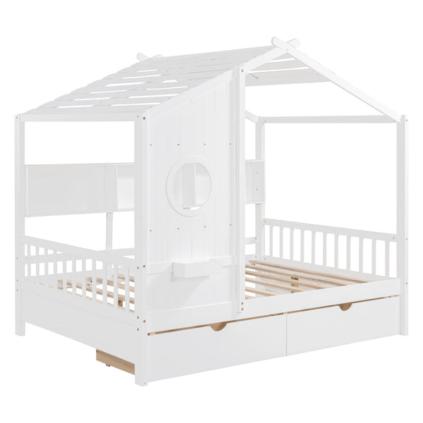 English Elm Wooden Full Size House Bed with Roof and Built-In Shelf, 2 Underbed Drawers, Sturdy Pine Frame 78" L White 57 L x 18.2 W x 6 H N733S308487K