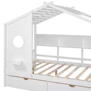 English Elm Wooden Full Size House Bed with Roof and Built-In Shelf, 2 Underbed Drawers, Sturdy Pine Frame 78" L White 57 L x 18.2 W x 6 H N733S308487K