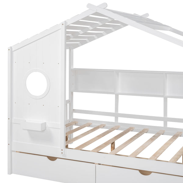 English Elm Wooden Full Size House Bed with Roof and Built-In Shelf, 2 Underbed Drawers, Sturdy Pine Frame 78" L White 57 L x 18.2 W x 6 H N733S308487K