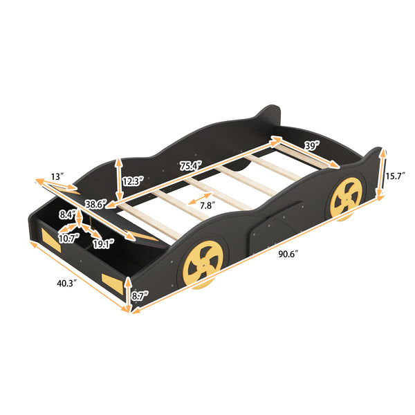 English Elm Twin Race Car-Shaped Platform Bed with Wheels, Built-In Storage & Safety Rails for Kids Black WF305759AAB