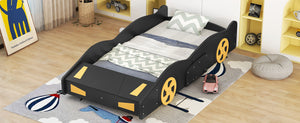 English Elm Twin Race Car-Shaped Platform Bed with Wheels, Built-In Storage & Safety Rails for Kids Black WF305759AAB
