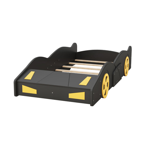 English Elm Twin Race Car-Shaped Platform Bed with Wheels, Built-In Storage & Safety Rails for Kids Black WF305759AAB