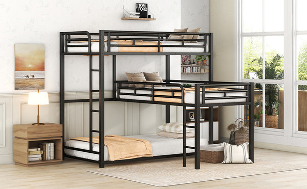 English Elm L-shaped Metal Triple Twin Bunk Bed Black with Integrated Ladder, Full-Guardrails, Metal Slats, No Box Spring Needed MF285891AAB
