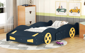 English Elm Twin Race Car-Shaped Platform Bed with Wheels, Built-In Storage & Safety Rails for Kids Dark Blue WF305759AAC