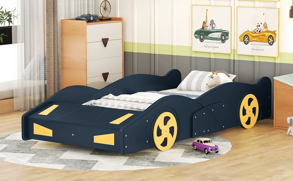 English Elm Twin Race Car-Shaped Platform Bed with Wheels, Built-In Storage & Safety Rails for Kids Dark Blue WF305759AAC