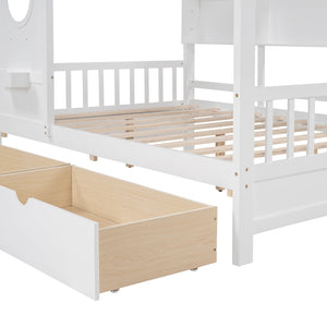 English Elm Wooden Full Size House Bed with Roof and Built-In Shelf, 2 Underbed Drawers, Sturdy Pine Frame 78" L White 57 L x 18.2 W x 6 H N733S308487K