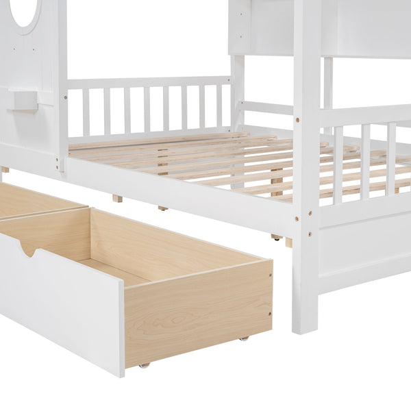 English Elm Wooden Full Size House Bed with Roof and Built-In Shelf, 2 Underbed Drawers, Sturdy Pine Frame 78" L White 57 L x 18.2 W x 6 H N733S308487K