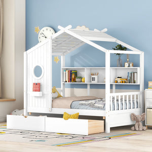 English Elm Wooden Twin House Bed with Roof and Built-In Shelf Plus Two Underbed Drawers for Kids Playful Retreat White 41.65 L x 18.25 W x 6 H N733S308483K