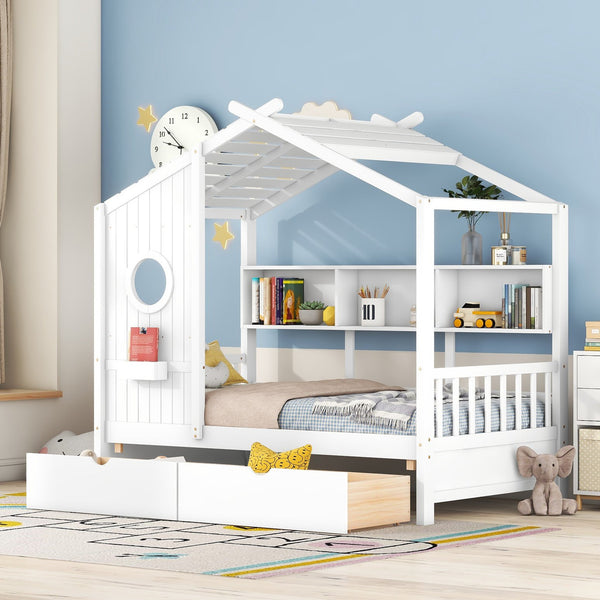 English Elm Wooden Twin House Bed with Roof and Built-In Shelf Plus Two Underbed Drawers for Kids Playful Retreat White 41.65 L x 18.25 W x 6 H N733S308483K