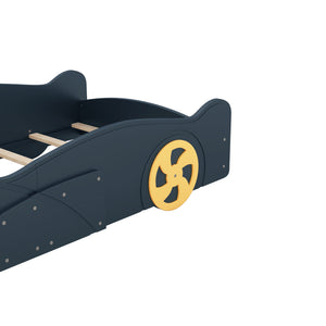 English Elm Twin Race Car-Shaped Platform Bed with Wheels, Built-In Storage & Safety Rails for Kids Dark Blue WF305759AAC