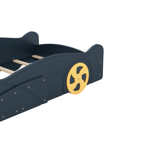 English Elm Twin Race Car-Shaped Platform Bed with Wheels, Built-In Storage & Safety Rails for Kids Dark Blue WF305759AAC