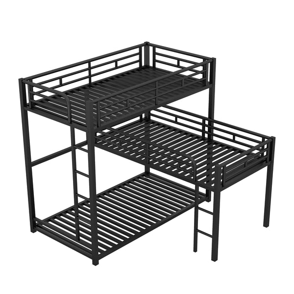 English Elm L-shaped Metal Triple Twin Bunk Bed Black with Integrated Ladder, Full-Guardrails, Metal Slats, No Box Spring Needed MF285891AAB