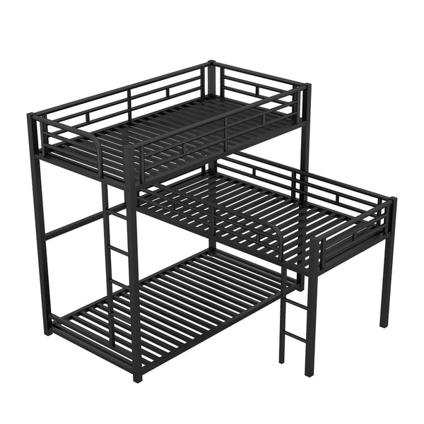 English Elm L-shaped Metal Triple Bunk Bed with Guardrails for Kids Shared Rooms in Matte Black N7090000605B