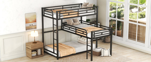 English Elm L-shaped Metal Triple Twin Bunk Bed Black with Integrated Ladder, Full-Guardrails, Metal Slats, No Box Spring Needed MF285891AAB
