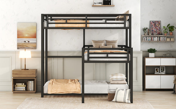 English Elm L-shaped Metal Triple Twin Bunk Bed Black with Integrated Ladder, Full-Guardrails, Metal Slats, No Box Spring Needed MF285891AAB