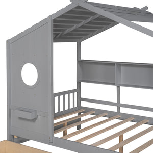 English Elm Wooden Full Size House Bed with Roof and Built-In Shelf, 2 Underbed Drawers, Sturdy Pine Frame 78" L Gray 57 L x 18.2 W x 6 H N733S308487E