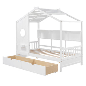 English Elm Wooden Twin House Bed with Roof and Built-In Shelf Plus Two Underbed Drawers for Kids Playful Retreat White 41.65 L x 18.25 W x 6 H N733S308483K