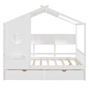 English Elm Wooden Full Size House Bed with Roof and Built-In Shelf, 2 Underbed Drawers, Sturdy Pine Frame 78" L White 57 L x 18.2 W x 6 H N733S308487K