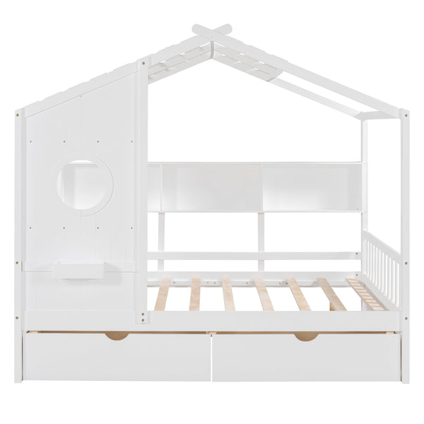 English Elm Wooden Full Size House Bed with Roof and Built-In Shelf, 2 Underbed Drawers, Sturdy Pine Frame 78" L White 57 L x 18.2 W x 6 H N733S308487K