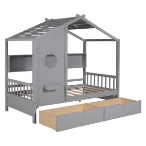 English Elm Wooden Twin House Bed with Roof and Built-In Shelf Plus Two Underbed Drawers for Kids Playful Retreat Gray 41.65 L x 18.25 W x 6 H N733S308483E