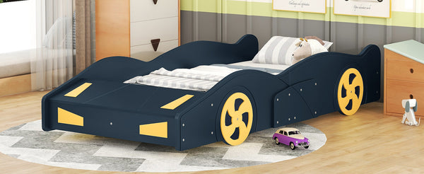 English Elm Twin Race Car-Shaped Platform Bed with Wheels, Built-In Storage & Safety Rails for Kids Dark Blue WF305759AAC