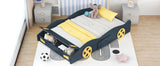 Hearth and Haven Race Car Shaped Full Bed with Wheels and Storage, Dark Blue and Yellow