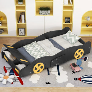 English Elm Twin Race Car-Shaped Platform Bed with Wheels, Built-In Storage & Safety Rails for Kids Black WF305759AAB