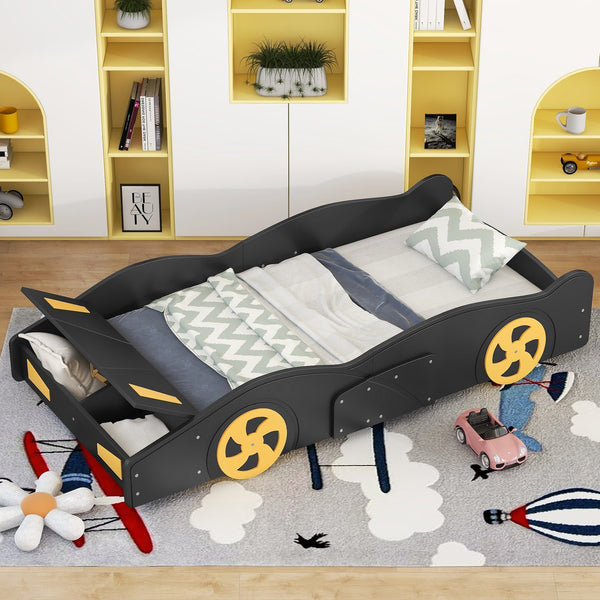 English Elm Twin Race Car-Shaped Platform Bed with Wheels, Built-In Storage & Safety Rails for Kids Black WF305759AAB