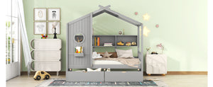 English Elm Wooden Twin House Bed with Roof, 2 Drawers & Back Shelf — Gray Kids Play Bed with Storage HL000051AAE