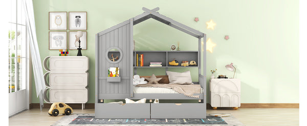 English Elm Wooden Twin House Bed with Roof, 2 Drawers & Back Shelf — Gray Kids Play Bed with Storage HL000051AAE
