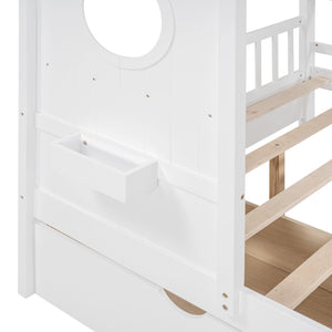 English Elm Wooden Full Size House Bed with Roof and Built-In Shelf, 2 Underbed Drawers, Sturdy Pine Frame 78" L White 57 L x 18.2 W x 6 H N733S308487K