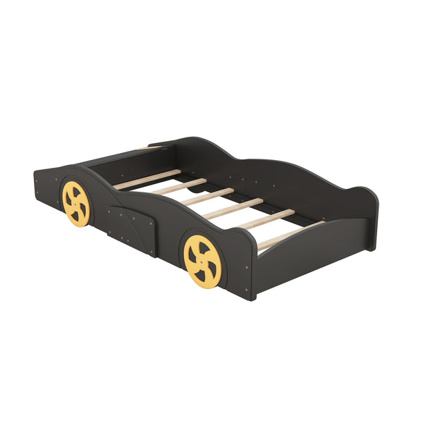 English Elm Twin Race Car-Shaped Platform Bed with Wheels, Built-In Storage & Safety Rails for Kids Black WF305759AAB