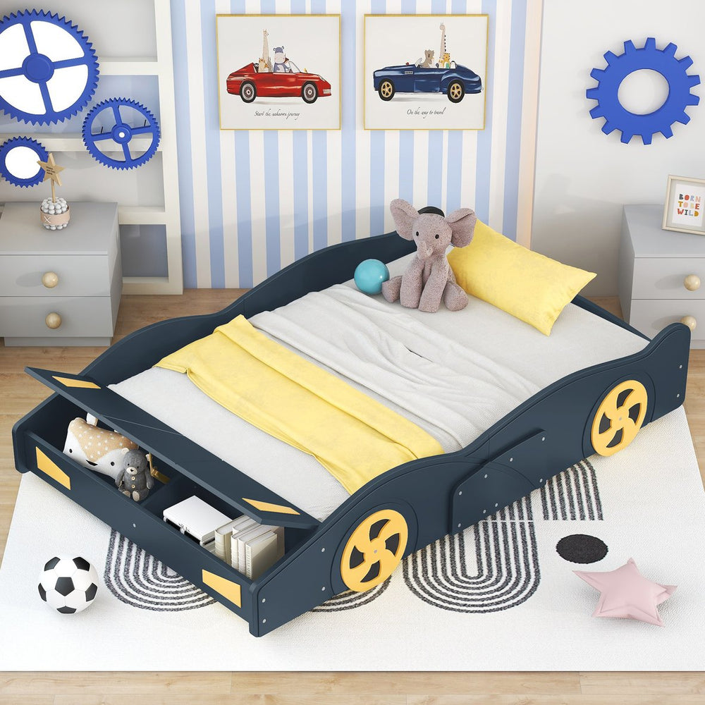 English Elm Full Full Size Race Car-Shaped Platform Bed with Wheels, Built-In Storage, Safety Rails, 400lb Capacity Dark Blue WF305760AAC