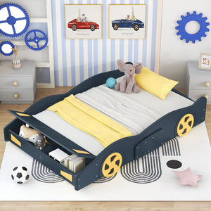 English Elm Full Full Size Race Car-Shaped Platform Bed with Wheels, Built-In Storage, Safety Rails, 400lb Capacity Dark Blue WF305760AAC