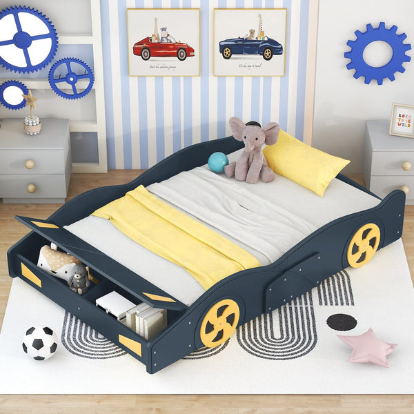 English Elm Full Full Size Race Car-Shaped Platform Bed with Wheels, Built-In Storage, Safety Rails, 400lb Capacity Dark Blue WF305760AAC