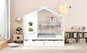 English Elm Wooden Full Size House Bed with Roof and Built-In Shelf, 2 Underbed Drawers, Sturdy Pine Frame 78" L White 57 L x 18.2 W x 6 H N733S308487K