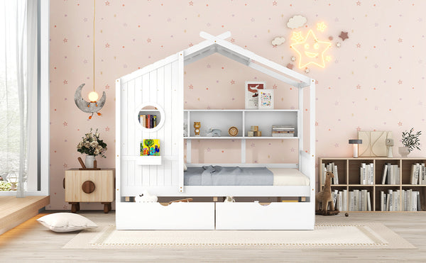 English Elm Wooden Full Size House Bed with Roof and Built-In Shelf, 2 Underbed Drawers, Sturdy Pine Frame 78" L White 57 L x 18.2 W x 6 H N733S308487K